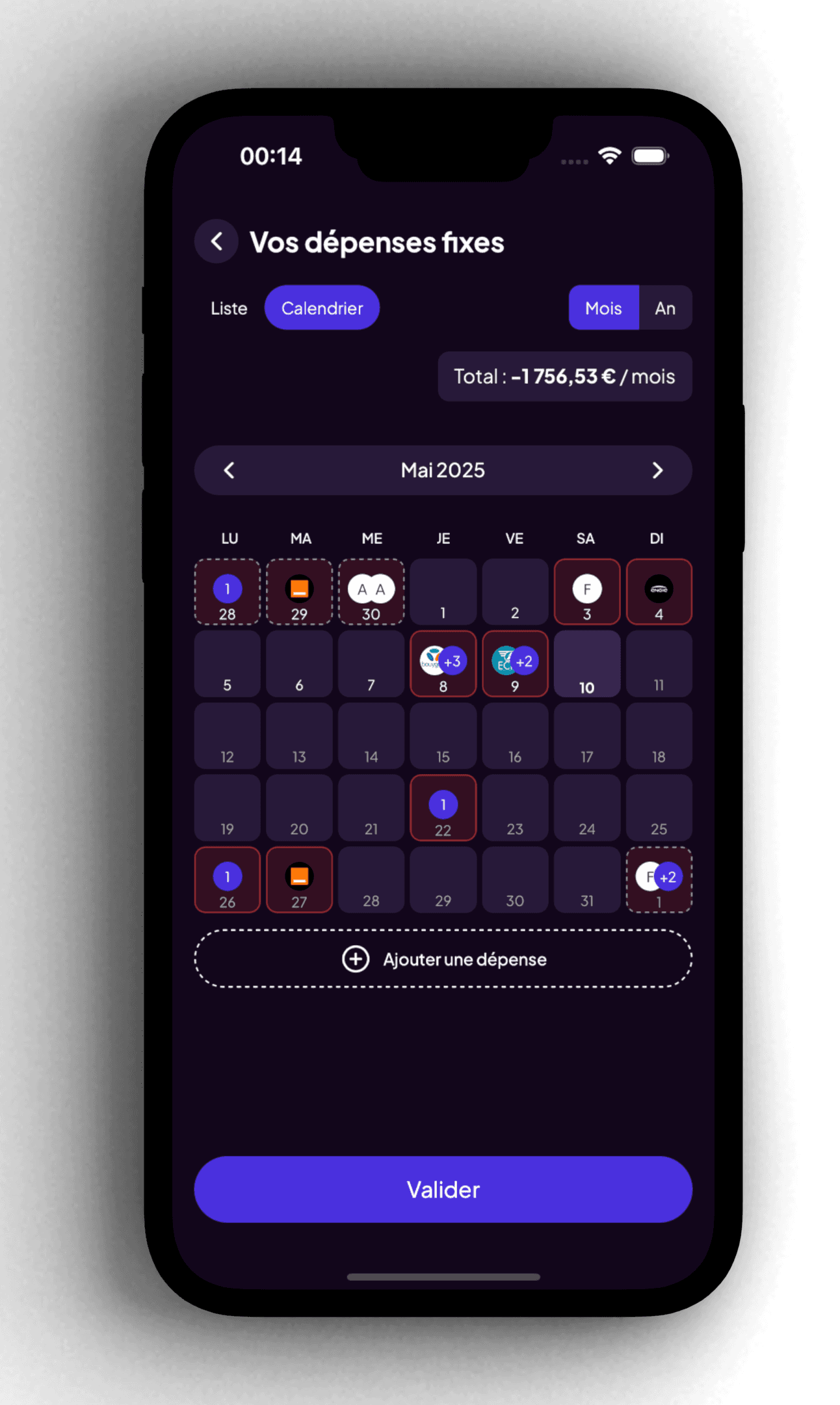 calendrier abonnement Moneyes. Suivre ses abonnements